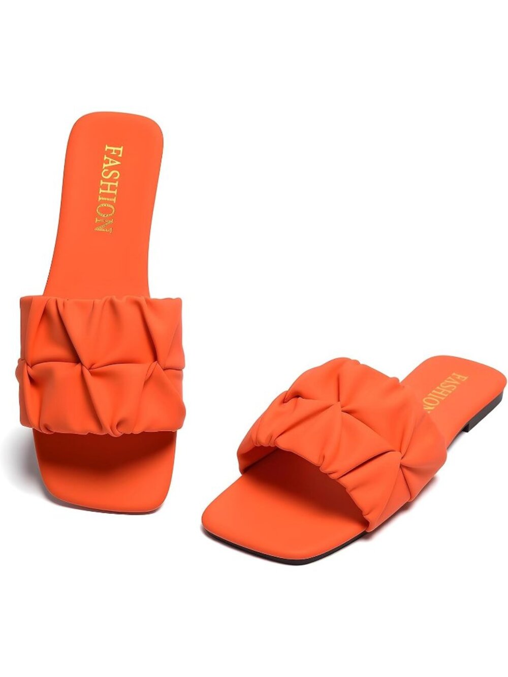 Women's Orange Pleated Square Toe Slide Sandals Summer Trendy Wedding Flat Shoes